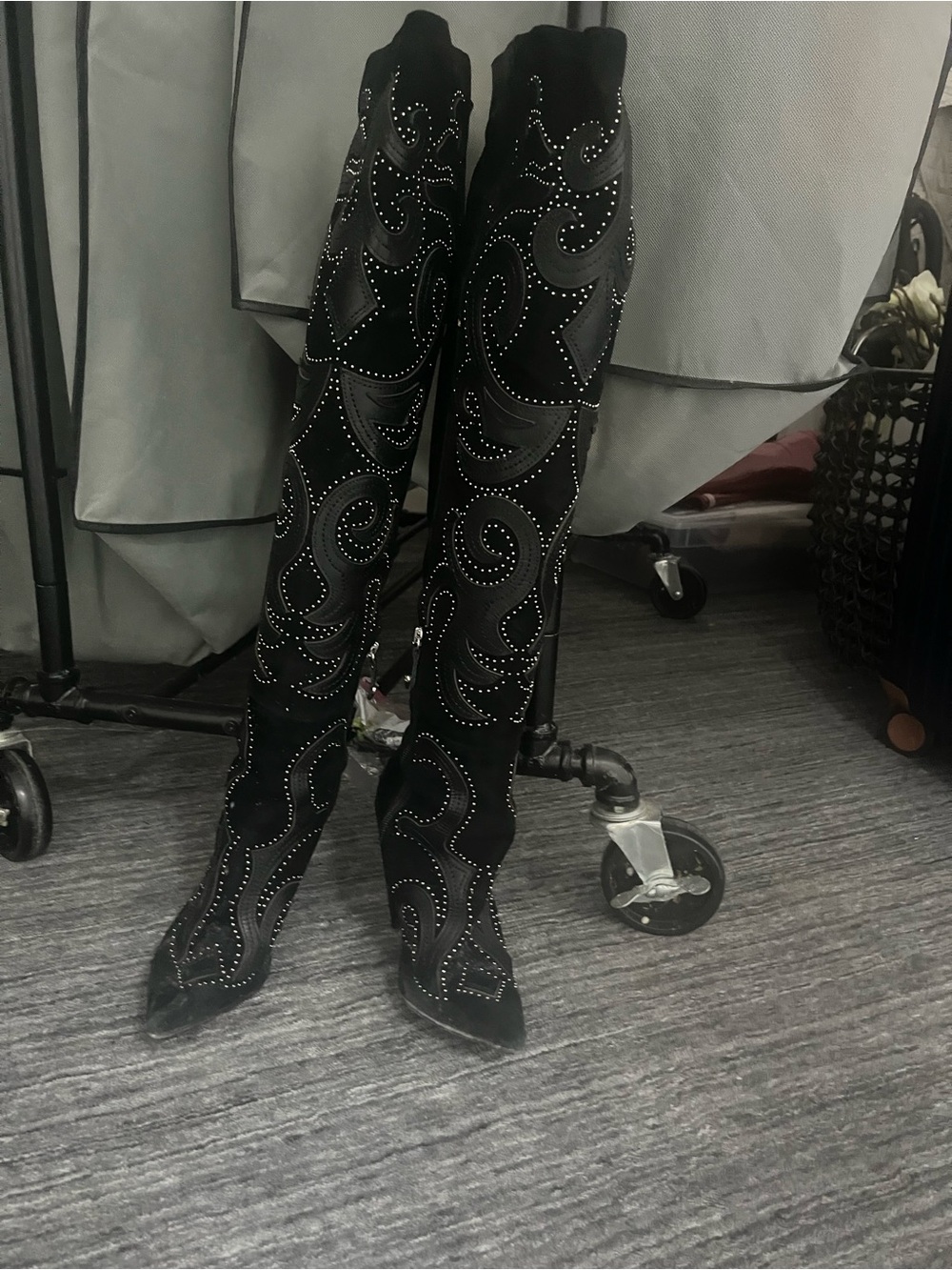 Women's Black Embellished over Knee-High Heeled Boots - Picture 2 of 3